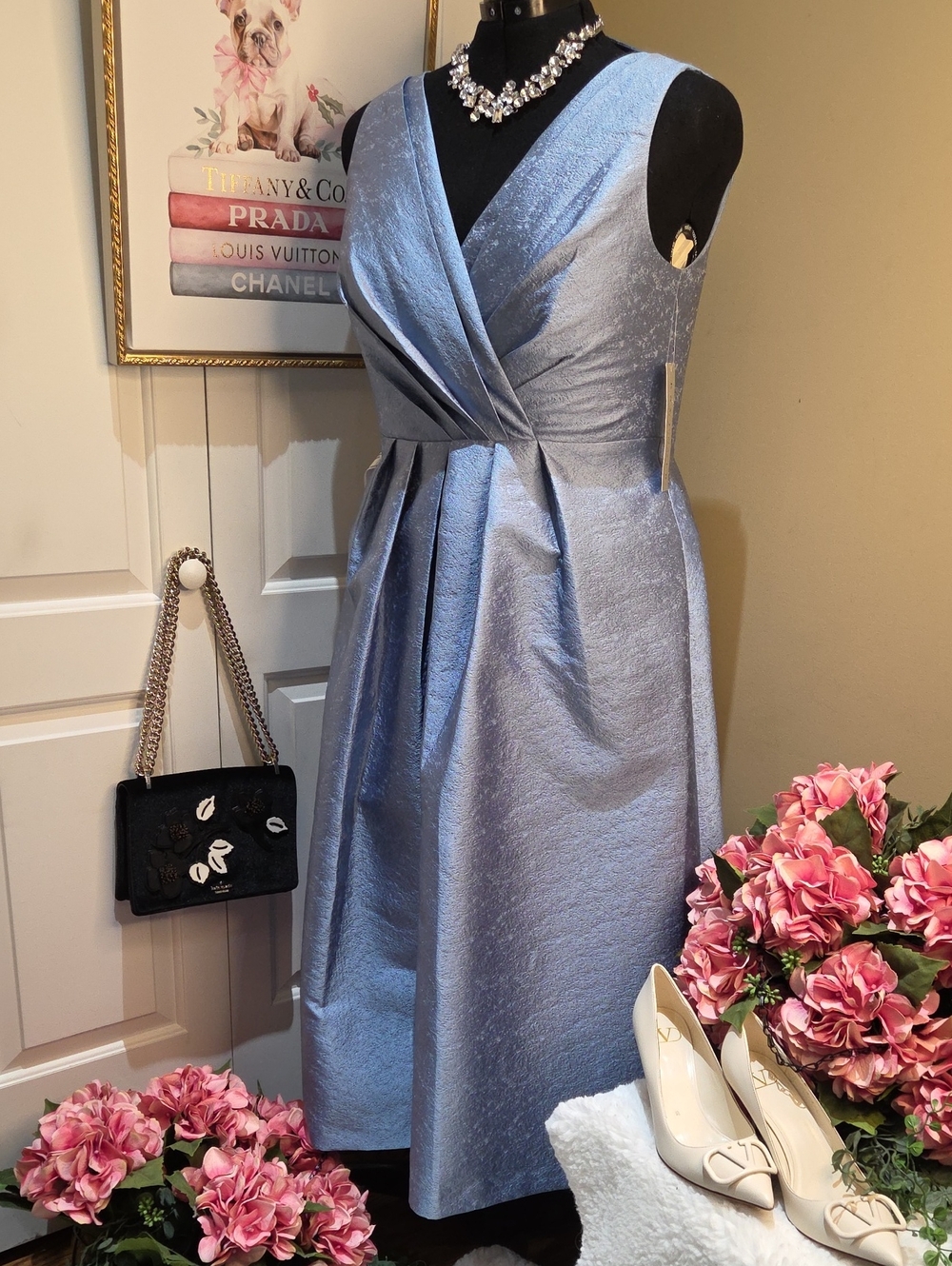 Nwt 16 Size $358 Kay Unger Light Blue Olivia Tea Length Dress V-Neck - Picture 10 of 17